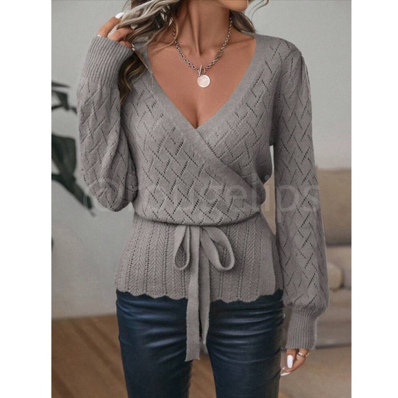 Rouge! Sweaters - Gray Wrap Cardigan Long Lantern Sleeve Ties
